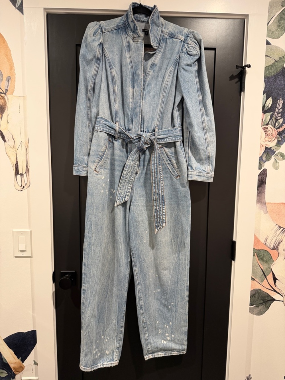 Express Light Blue Denim Jumpsuit with Tie Belt